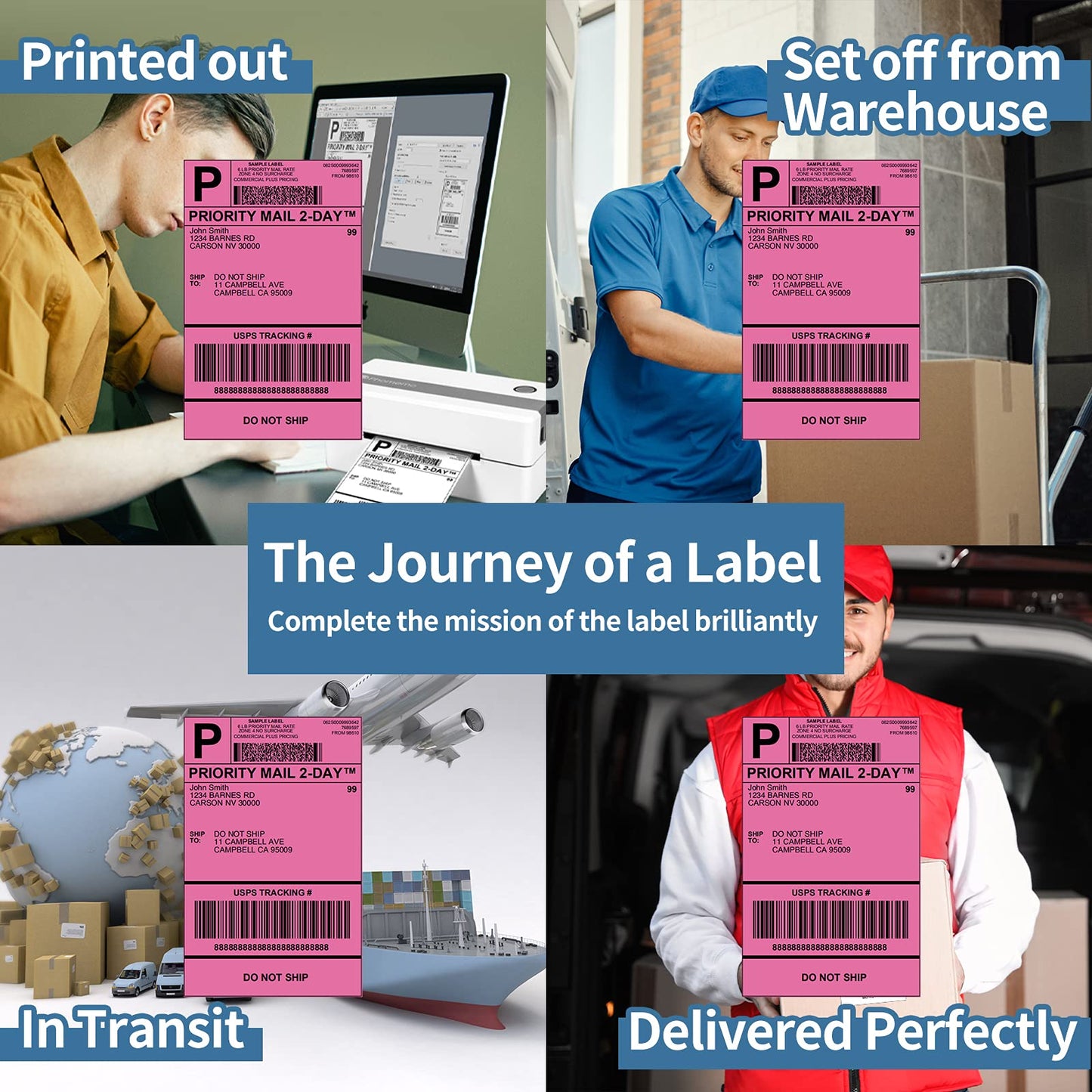 Phomemo 4x6 Thermal Labels - Direct Address Shipping Labels Compatible with Phomemo Rollo and More 4 * 6 Label Printers, 500PCS, Pink