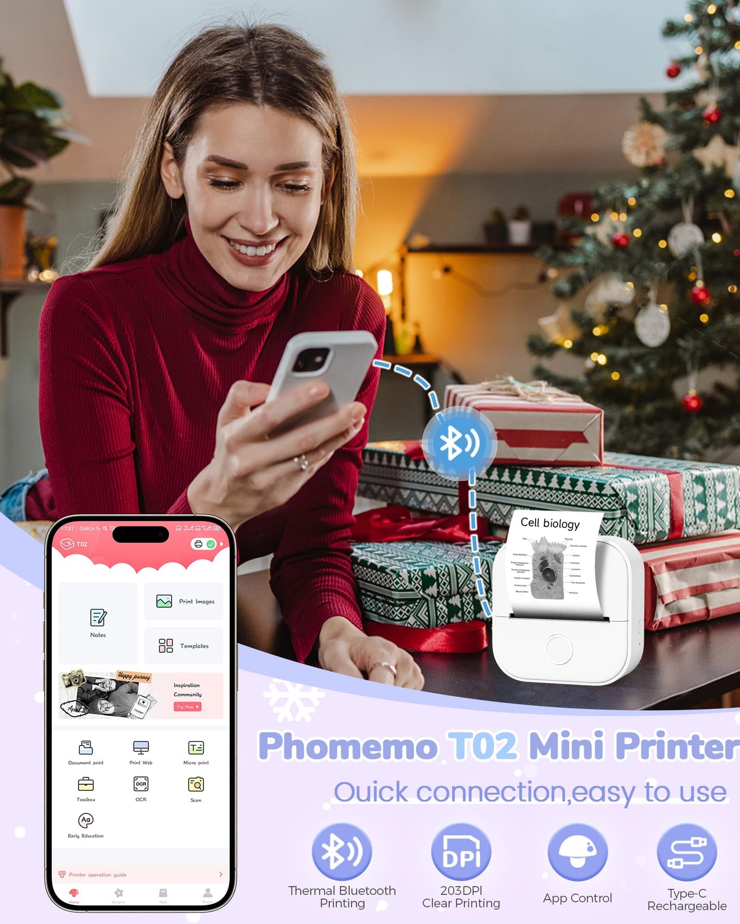 Phomemo Mini Thermal Printer,T02 Portable Printer,Wireless Photo Sticker Printers for Phone,Small Inkless Bluetooth Printer,Pocket Phone Printer Black and White Printing,Sticker Maker for Kids Study