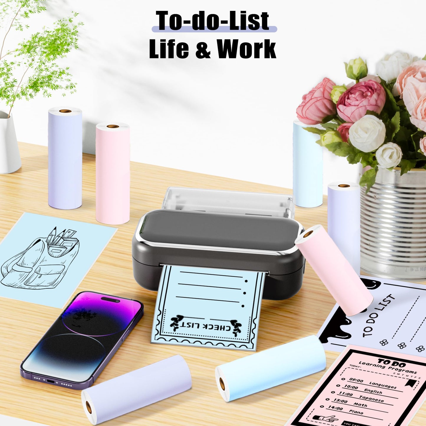 Phomemo Adhesive Thermal Sticker Paper for M832/M03/M03AS/M04S/M04AS Printer, Black on Purpple/Pink/Blue, 3.03''(77mm) Width X 3.5m Length, 3 Rolls, Stored for 20 Years