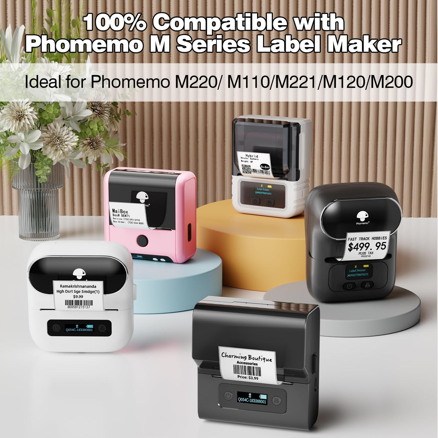 3 Rolls Phomemo Thermal Labels- 1.57''x 1.57'' Sticker Label Compatible for Phomemo M110/M221/M220/M120/M200 Label Printer, for Barcode, Address, Mailing, Black on White