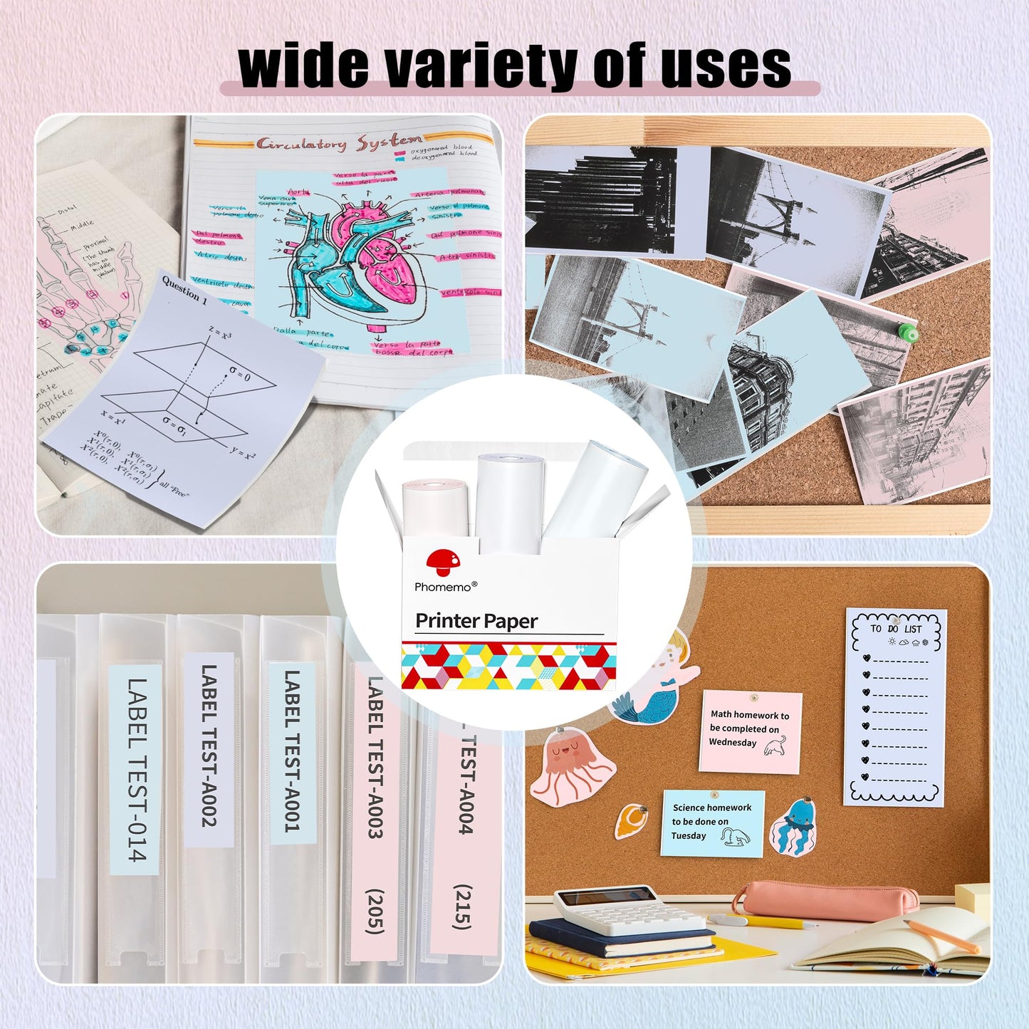 Phomemo Adhesive Thermal Sticker Paper for M832/M03/M03AS/M04S/M04AS Printer, Black on Purpple/Pink/Blue, 3.03''(77mm) Width X 3.5m Length, 3 Rolls, Stored for 20 Years