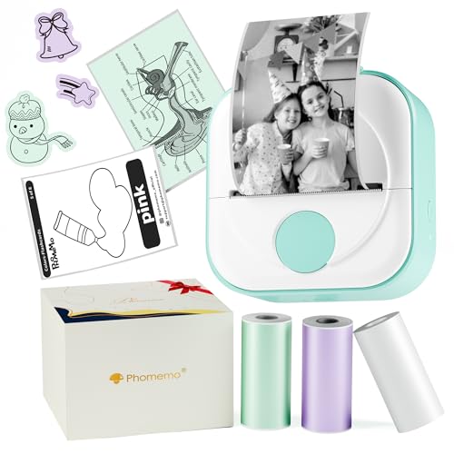 Phomemo Q02 Mini Imprimante Thermique, Mini Imprimante Portable sans Encre pour Etudes, Notes, Photos, Journaux, Mini Imprimante Autocollant avec 3 Rouleaux de Papier Thermique, Verte