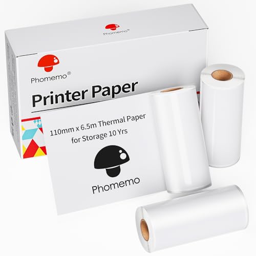 Phomemo 110 mm yazılabilir termal kağıt, 3 rulo, BPA içermez, Phomemo M832/M834 ile uyumlu, ev, fotoğraf, zaman planı için taşınabilir yazıcı, 6,5 m/rulo