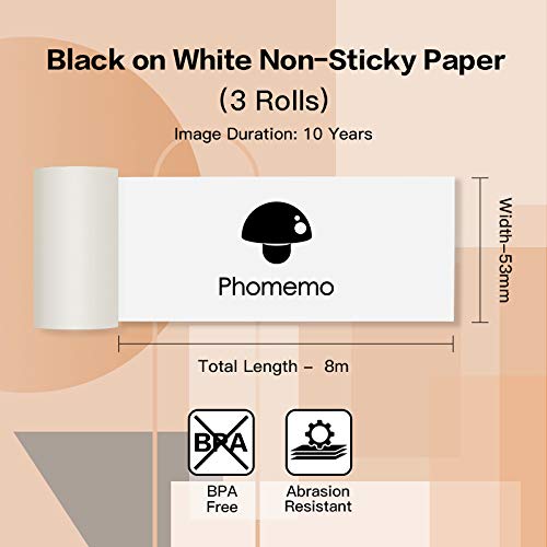 Phomemo White Non-adhesive Thermal Paper for Phomemo M02/M02 Pro/M02S/M03, Black Character, 53mm x 6.5m, Diameter 30mm