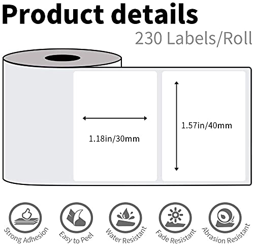 6 Rollen Phomemo M120/M110 Etiketten, 1.57''x 1.18'' (40 x 30 mm) Thermoetikettenpapier für Phomemo M120/M110/M200/M220 Etikettendrucker, Thermoetikett, Weißes Thermopapier, 100 Etiketten/Rolle