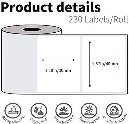 6 Rollen Phomemo M120/M110 Etiketten, 1.57''x 1.18'' (40 x 30 mm) Thermoetikettenpapier für Phomemo M120/M110/M200/M220 Etikettendrucker, Thermoetikett, Weißes Thermopapier, 100 Etiketten/Rolle