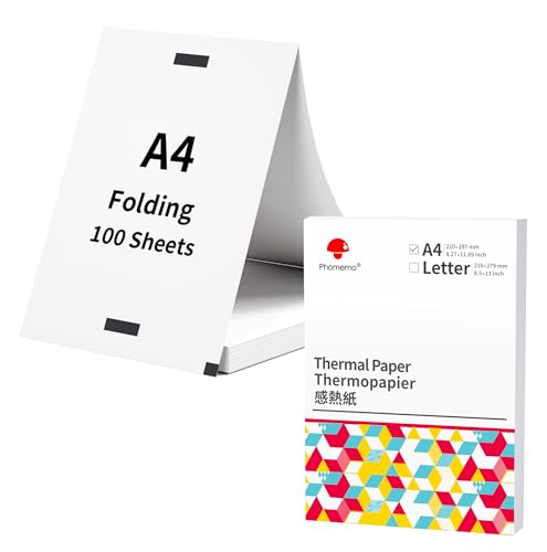 Phomemo Papier D'impression Thermique A4, 210x297 mm, Papier D'impression Thermique à pli Continu Compatible avec L'imprimante Portable Phomemo M832/M834, pour Voyage, Photo, Contrat, 100 Feuilles