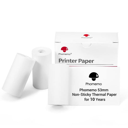 Phomemo 53 mm niet-klevend wit thermisch papier voor M02/M02S/M02Pro/M03/M03AS/M04S/M04AS-printers, 53 mm x 6,5 m, 10 jaar conservering, zwart op wit, voor stickers, dagboek, teksten, studienotities,