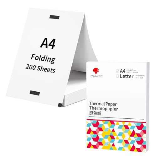 Phomemo Papier Thermique A4, Papier Thermique plié Polyvalent Compatible avec L'imprimante Portable Phomemo M832/M834, pour Voyage, Maison, Photo, 210x297 mm, 200 Feuilles