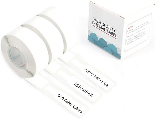 Phomemo D30 Cable Labels White Waterproof Wire Cord Labels Tags Stickers Tear Resistant Flexible Computer Cord Color Markers Identification Labels Tape-Black Print on White Paper, 65Pcs/Roll, 3 Rolls