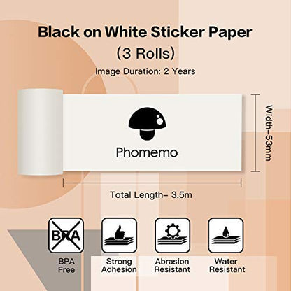 Phomemo White Self-Adhesive Sticker Thermal Paper, Glossy Printable Sticker Paper for Phomemo-M02 / M02S / M03 / M04S Bluetooth Pocket Mobile Printer, 53mm x 3.5m, Diameter 30mm, 3-Rolls