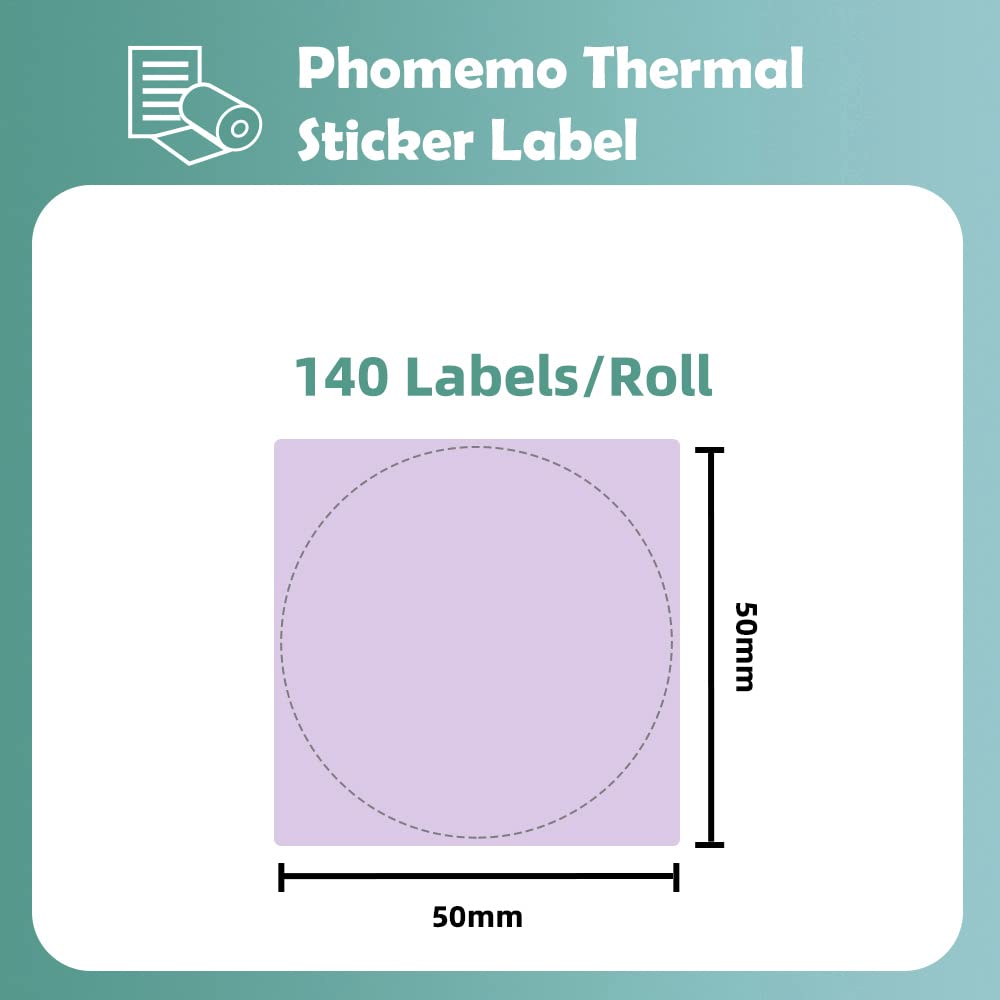 Phomemo - Etichette rotonde per stampante termica M110, M120, M200, M220, M221 per stampare prezzo, nome, indirizzo, logo, codice a barre, 50 x 50 mm, colore: lilla (1 rotolo)