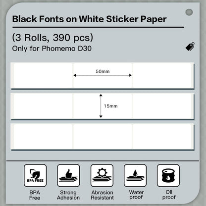 Phomemo D30 D30Pro - Rotolo di carta per stampante termica, impermeabile, resistente all'olio, 15 x 50 mm, bianco per stampante Bluetooth Compact Mobile, 3 rotoli