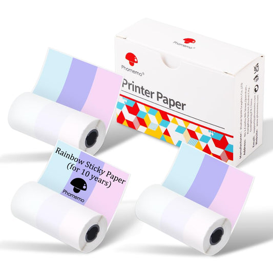 Phomemo Paper - 10-Year Rainbow Self-Adhesive Paper, M02/M02Pro/M02S/M03/M03AS/M04S/M04AS Mini Sticker Printer Paper, Mini Thermal Pinter Paper, 3 Rolls