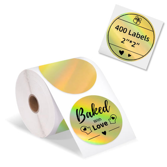 Phomemo 2'' Thermal Labels, Holographic Golden Stone Manufacturer, Thank You Maker, Logo, Name, Price, Address, QR Code, 400 Direct Base Buffers