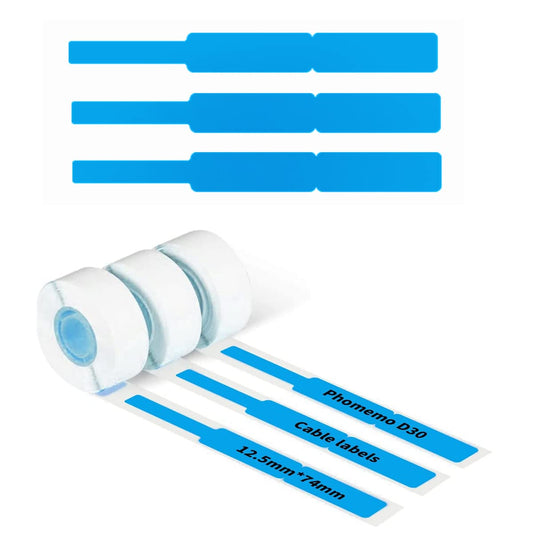 Phomemo D30 Cable Labels Blue Waterproof Wire Cord Labels Tags Stickers Tear Resistant Flexible Computer Cord Color Markers Identification Labels Tape-Black Print on Blue Paper, 65Pcs/Roll, 3 Rolls