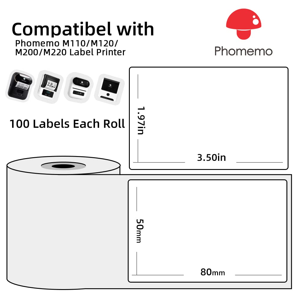 6 rotoli di adesivi per stampanti Phomemo M110/M120 da 50 x 80mm, etichette termiche autoadesive per Phomemo M110/M120/M220/M200, per indirizzi, etichette abbigliamento, ecc