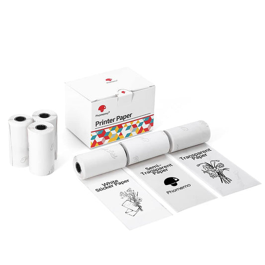 Phomemo 53mm Papier für M02,M02S,M02PRO,M03,M03AS,M04S,M04AS - 6 Rollen, 2 x Weißes Papier, 2 x Transparentes Papier, 2 x Halbtransparent, Schwarzer Druck