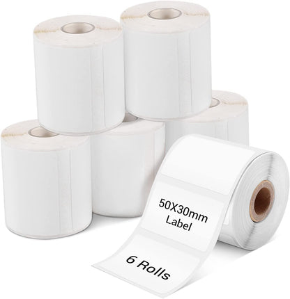 Phomemo 6 Rollen M110 Etikett, 6 Rollen M110/M110S/M120/M200/M220/M221 Thermopapier – 1.96 ''x1.18'' (50x30mm),Etikett quadratisches Mehrzweck-Etikett, selbstklebend, 230 Etiketten/Rolle（6 Rollen）