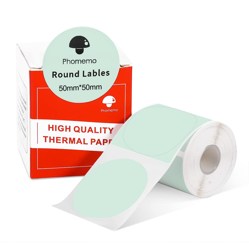 Phomemo - Etichette rotonde per stampante termica M110, M120, M200, M220, M221 per stampare prezzo, nome, indirizzo, logo, codice a barre, 50 x 50 mm, colore: verde (1 rotolo)