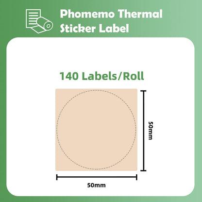 Phomemo - Etichette rotonde per stampante termica M110, M120, M200, M220, M221 per stampare prezzo, nome, indirizzo, logo, codice a barre, 50 x 50 mm, colore: cachi (1 rotolo)
