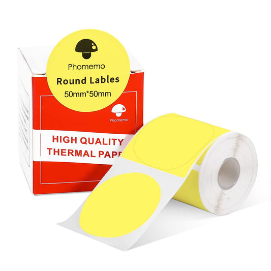 Phomemo - Etichette rotonde per stampante termica M110, M120, M200, M220, M221 per stampare prezzo, nome, indirizzo, logo, codice a barre, 50 x 50 mm, colore: giallo (1 rotolo)