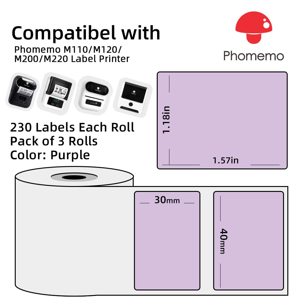 3 Rollen Phomemo 1.57 ''x1.18'' (40x30mm) Violett selbstklebende Thermodirekt-Etiketten, Thermo-Etikettenpapier f¨¹r Phomemo M110/M120/M220/M200/M221 Etikettendrucker, f¨¹r Barcode, Adresse, Preis etc