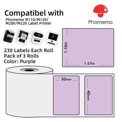 3 Rollen Phomemo 1.57 ''x1.18'' (40x30mm) Violett selbstklebende Thermodirekt-Etiketten, Thermo-Etikettenpapier f¨¹r Phomemo M110/M120/M220/M200/M221 Etikettendrucker, f¨¹r Barcode, Adresse, Preis etc