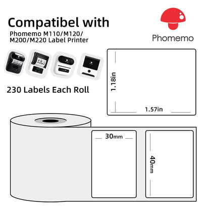 3 Rollen Phomemo 1.57 ''x1.18'' (40x30mm) selbstklebende Thermodirekt-Etiketten, Thermo-Etikettenpapier für Phomemo M110/M120/M220/M200 Etikettierer, für Barcode, Adresse, Preis etc.