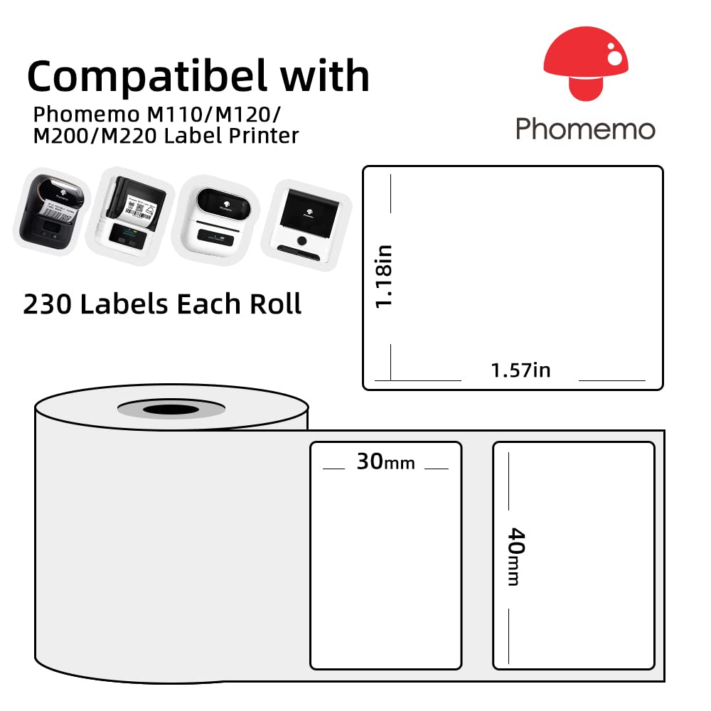 6 Pack-Etichette per stampanti Phomemo M120/M110 6 rotoli 40x30mm Etichette autoadesive termiche dirette, per etichettatrice M110/M120/M220/M200, per codice a barre, indirizzo, prezzo