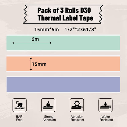 Phomemo D30 Label Maker Continuous Label Tape, Black on Mint Green, Light Orange, Lavender Purple Long Sticker Thermal Paper Self-Adhesive Label Tape, 15 x 6m (19/32 x 2367/32) Long Tape, 3 Rolls