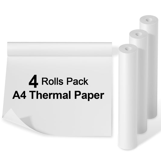 Phomemo A4 Quick-dry Continuous Thermal Paper, 8.27''x275 3/5'' (210mm*6.5m) width, black text, 4 Rolls in box. Compatible with Phomemo M08F/M832/M833/M834 portable A4 printer. Storage for 10 years