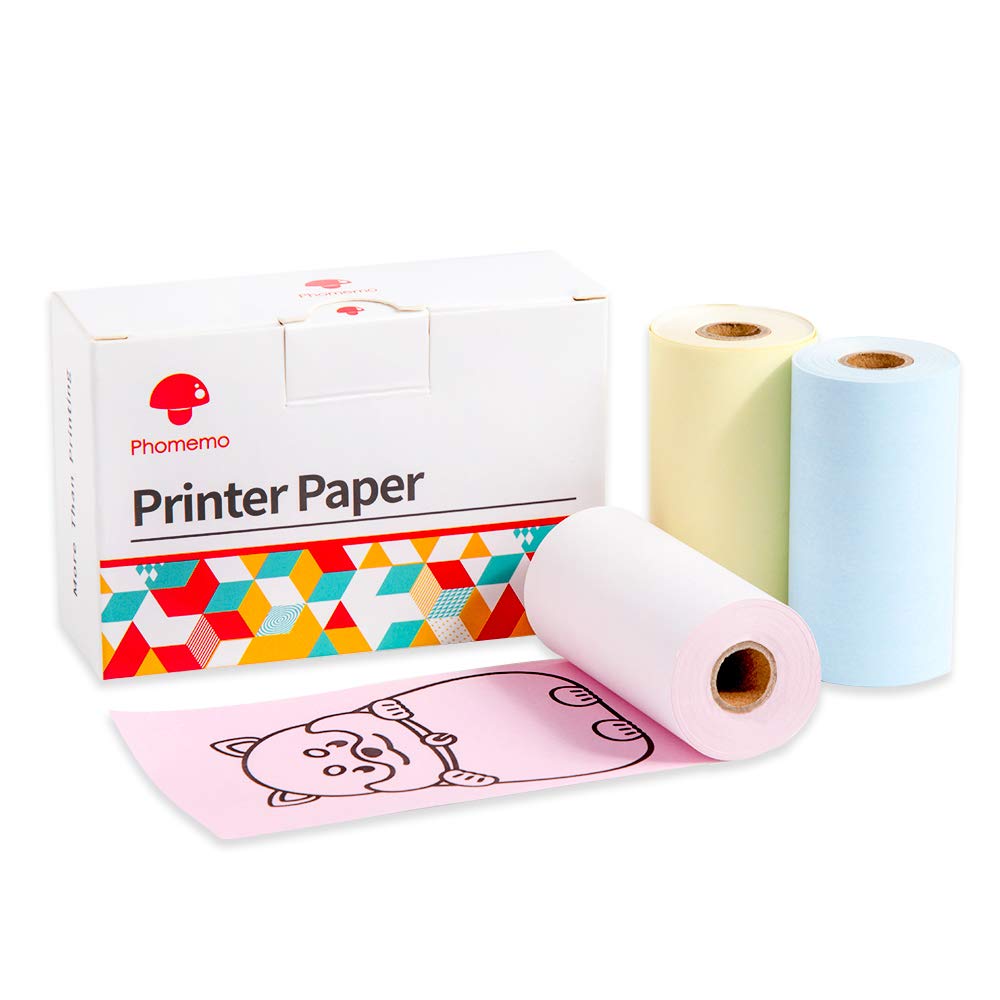 Phomemo Thermal Paper Non-Adhesive Black Print on Yellow Blue Pink Paper for Phomemo M02 M02S M02 Pro Printer, 2.08 Inch x 26.2 Feet (53mm x 8m) for Photos, Planner, Note, Scrapbooking, 3 Roll