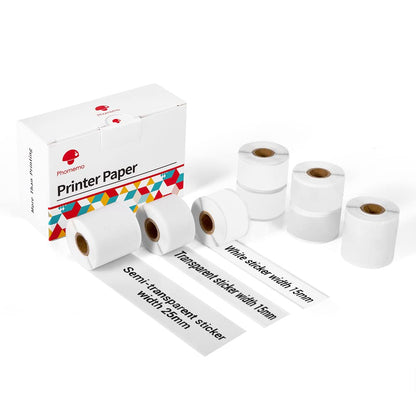 Phomemo Adhesive Thermal Sticker Paper, Semi-Transparent/Transparent/White, for Phomemo M02S/M02 Pro Mini Bluetooth Thermal Pocket Printer, 15mm/25mm Width, 2.5-3.5m Length, 6 Roll