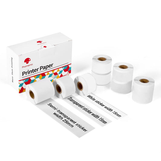 Phomemo Adhesive Thermal Sticker Paper, Semi-Transparent/Transparent/White, for Phomemo M02S/M02 Pro Mini Bluetooth Thermal Pocket Printer, 15mm/25mm Width, 2.5-3.5m Length, 6 Roll