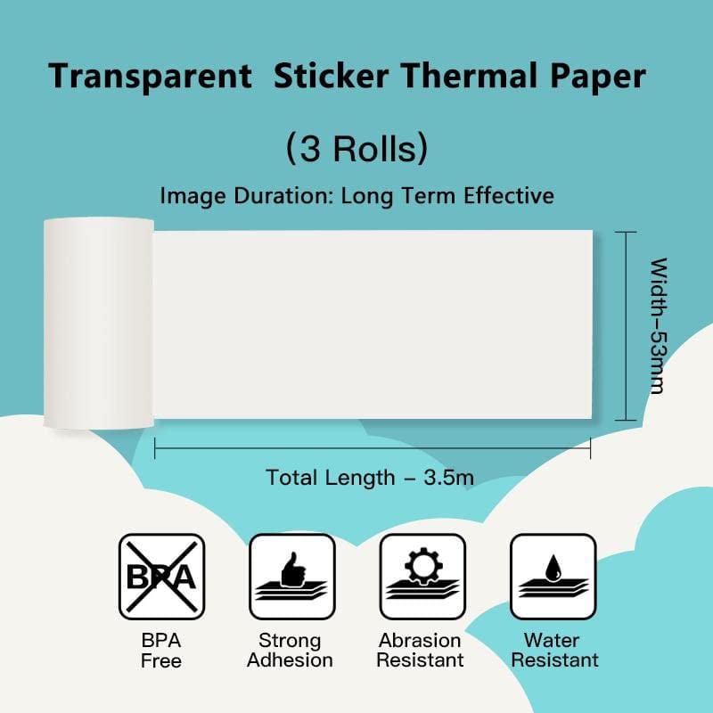 Phomemo Transparent Adhesive Thermal Sticker Paper 50mm, Compatible With Phomemo M02/M02S/M02 PRO/M03/M03AS/M04S/M04AS Mini Thermal Printer, Black Text, 3 Rolls