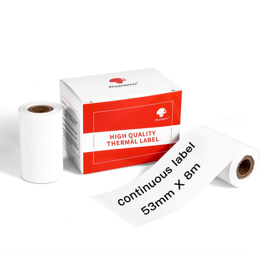 Phomemo 2 Rollen Thermokontinuierliches Etikettenpapier,53 mm Thermokontinuierliches Papier,kompatibel mit dem Phommeo M200 M221 M220 Etikettendrucker,53mm×8m/ Rolle,2 Rollen