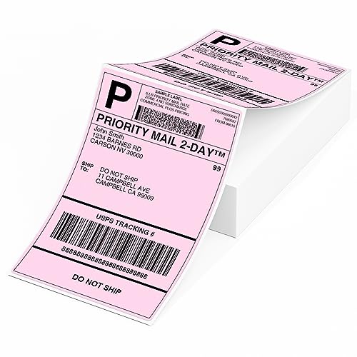 Phomemo 4X6'' Thermo-Versandetiketten - Packung mit 100 4x6 Fan-Fold-Etiketten für Versandetiketten, Adresse, Post, Produktlogo-Etiketten, Handelsqualität, rosa