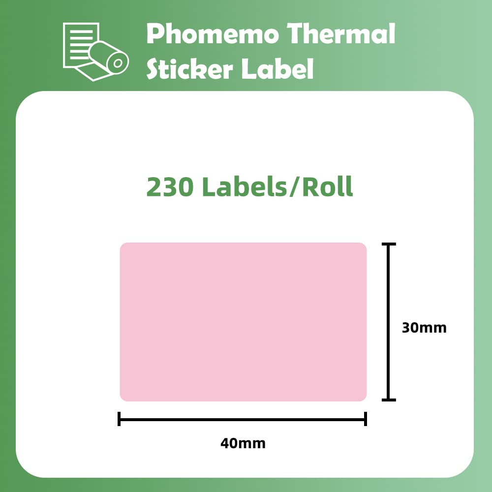 Phomemo - Etichette per stampante termica M110, M120, M200, M220, M221 per stampare prezzo, nome, indirizzo, logo, codice a barre, 40 x 30 mm, color rosa (1 rotolo)