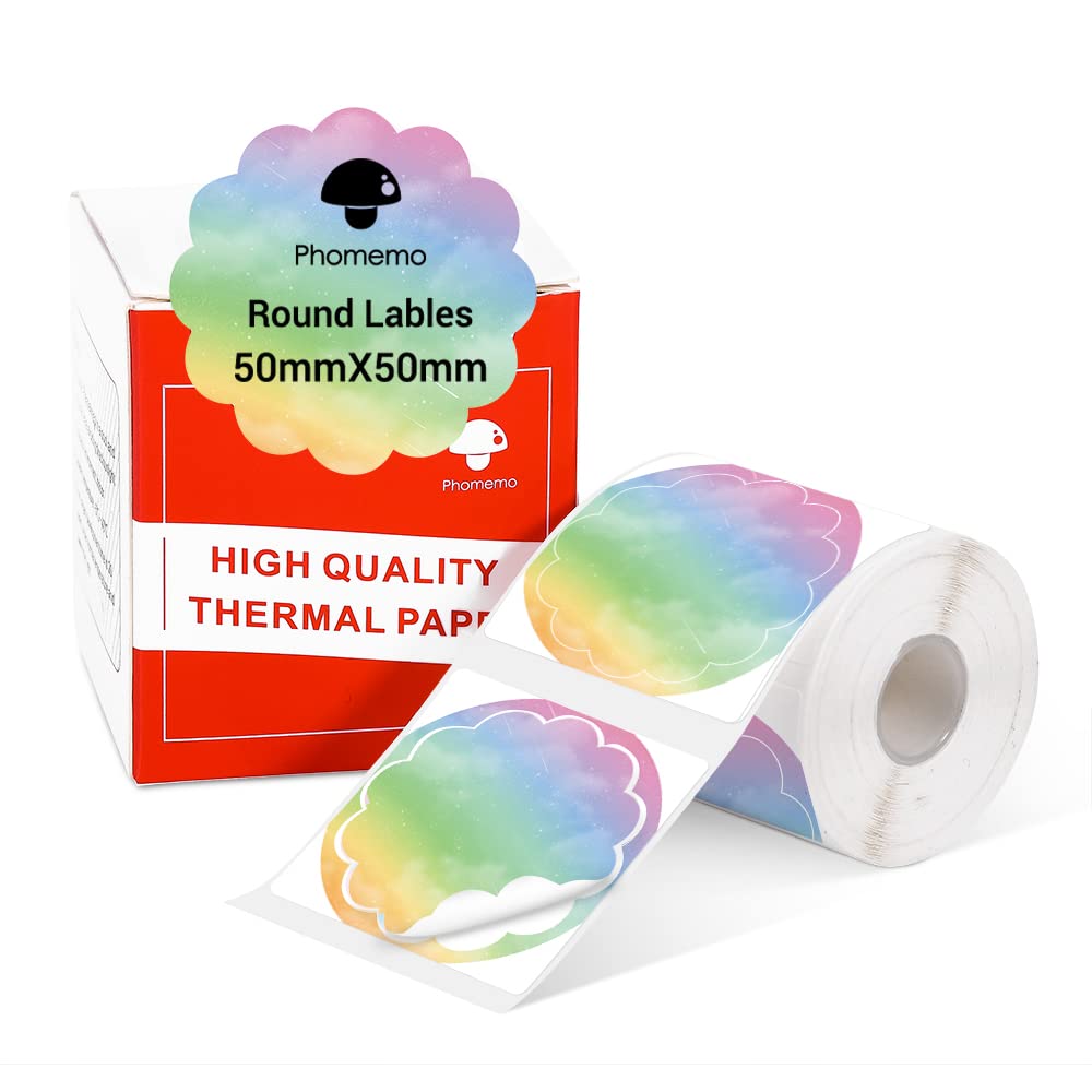 Phomemo wavy round circle label, thermal labels for price name address logo barcode, M110 M120 M200 M220, 50 x 50 mm, multicolor gradient (1 roll)