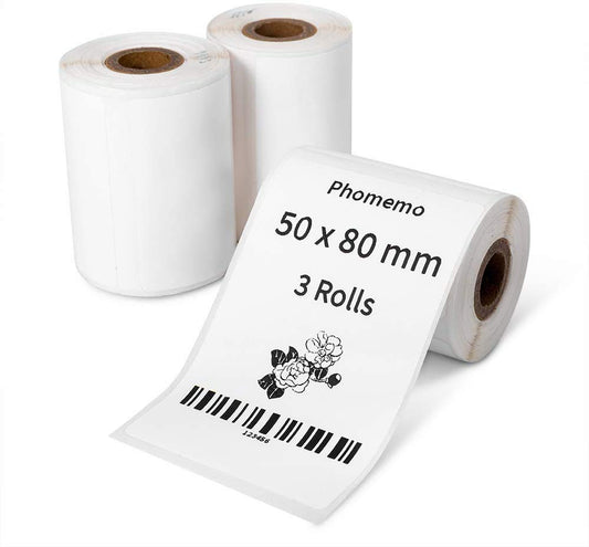 Phomemo - 3 rotoli di etichette termiche, multiuso, autoadesive, per stampante per etichette Phomemo M110/M200, 50 x 80 mm, 100 etichette/rotolo, 3 rotoli (etichette bianche)