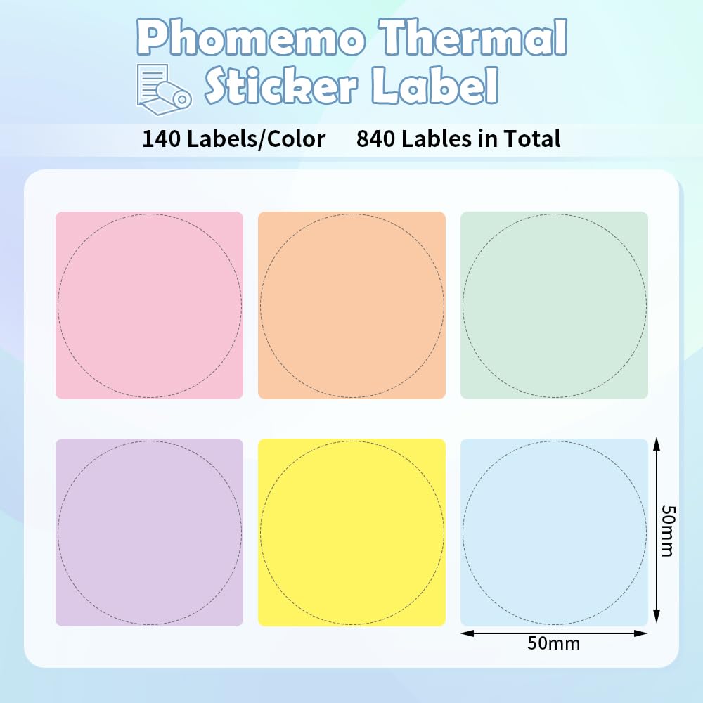 Phomemo thermische printer-etiketten voor prijs, naam, adres, logo, streepjescode, 50 mm x 50 mm, veelkleurig verloop (6 rollen), geschikt voor de M110 M120 M200 M220 en M221