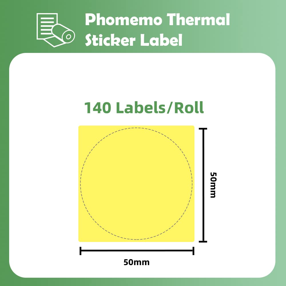 Phomemo - Etichette rotonde per stampante termica M110, M120, M200, M220, M221 per stampare prezzo, nome, indirizzo, logo, codice a barre, 50 x 50 mm, colore: giallo (1 rotolo)