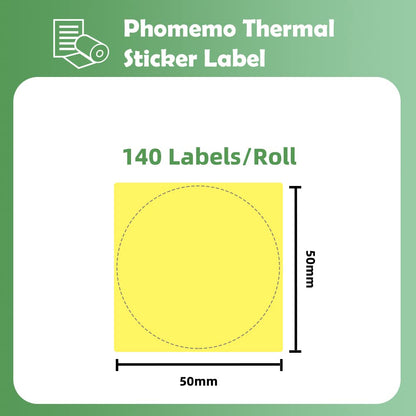 Phomemo - Etichette rotonde per stampante termica M110, M120, M200, M220, M221 per stampare prezzo, nome, indirizzo, logo, codice a barre, 50 x 50 mm, colore: giallo (1 rotolo)