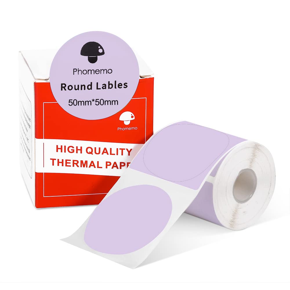 Phomemo - Etichette rotonde per stampante termica M110, M120, M200, M220, M221 per stampare prezzo, nome, indirizzo, logo, codice a barre, 50 x 50 mm, colore: lilla (1 rotolo)