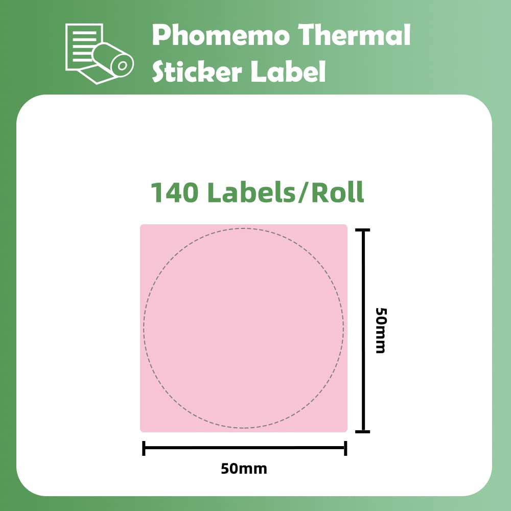 Phomemo - Etichette rotonde per stampante termica M110, M120, M200, M220, M221 per stampare prezzo, nome, indirizzo, logo, codice a barre, 50 x 50 mm, colore: rosa (1 rotolo)