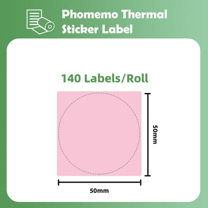Phomemo - Etichette rotonde per stampante termica M110, M120, M200, M220, M221 per stampare prezzo, nome, indirizzo, logo, codice a barre, 50 x 50 mm, colore: rosa (1 rotolo)