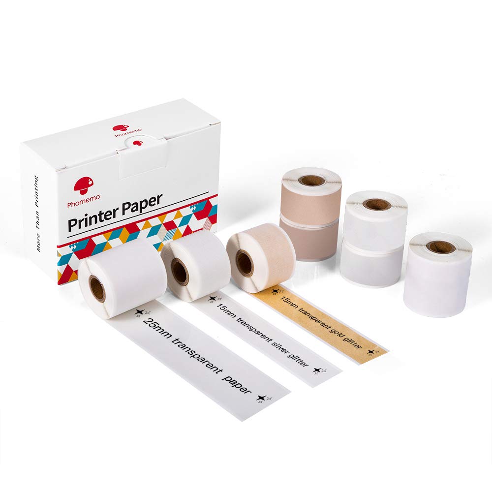 Phomemo self-Adhesive Thermal Sticker,Transparent/Gold Glitter/Silver Glitter Sticker Paper,for Phomemo M02S / M02 Pro Mini Bluetooth Thermal Pocket Printer,15mm/25mm x 3.5m,Total 8 - Roll