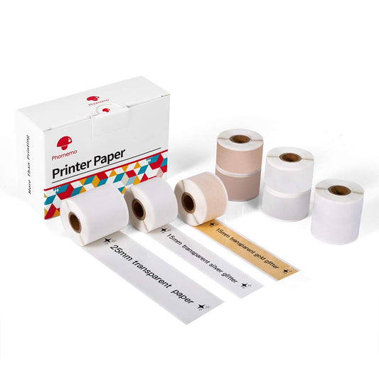 Phomemo self-Adhesive Thermal Sticker,Transparent/Gold Glitter/Silver Glitter Sticker Paper,for Phomemo M02S / M02 Pro Mini Bluetooth Thermal Pocket Printer,15mm/25mm x 3.5m,Total 8 - Roll