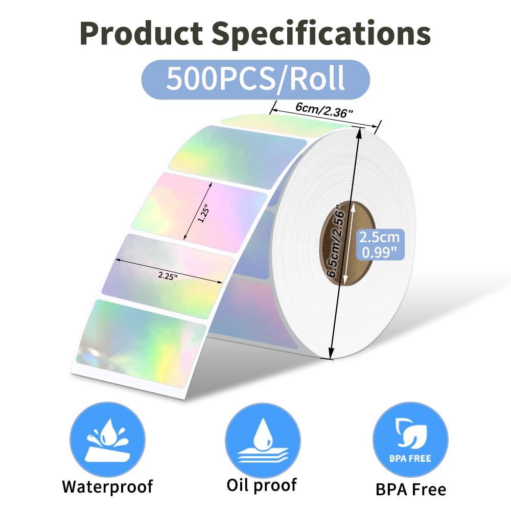 Phomemo ¨¦tiquettes thermiques holographiques argent¨¦es de 5,25 x 3,5 cm, autocollantes, carr¨¦es thermiques directes pour carte de remerciement, logo, nom, adresse, code QR, 500 ¨¦tiquettes
